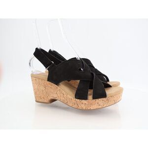 Clarks Giselle Flora Strappy Cork Wedge Heel Platform Sandals Black Size 10M